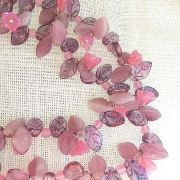 Purple flowers and leaves beaded necklace purple pink - Picture 6 of 9